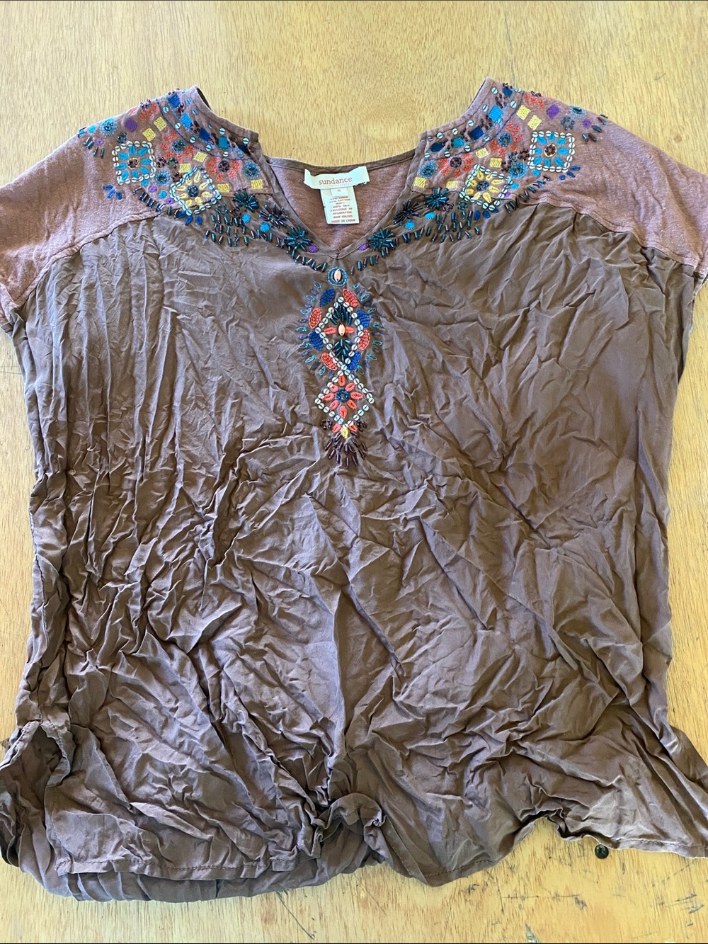 Sundance Silk Brown Embroidered V-Neck Women's Top